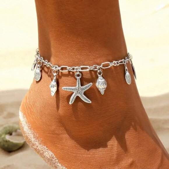 NWT Vintage Style Silver Starfish Seashell Charms Ankle Bracelet Anklet 8” - Picture 1 of 8